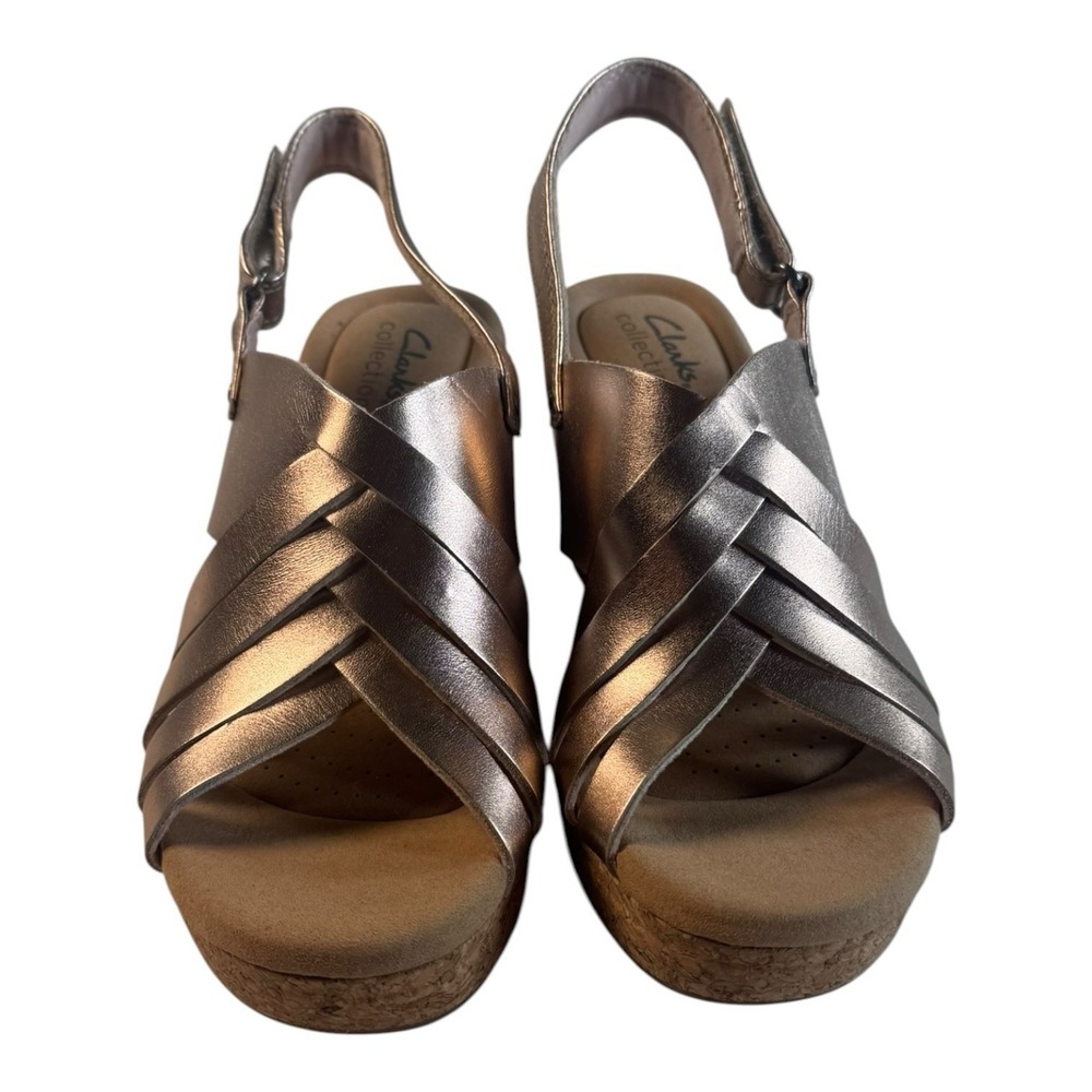 Clarks Collection Womens Metallic rRose Strappy Cork Wedge Sandals 7.5 M